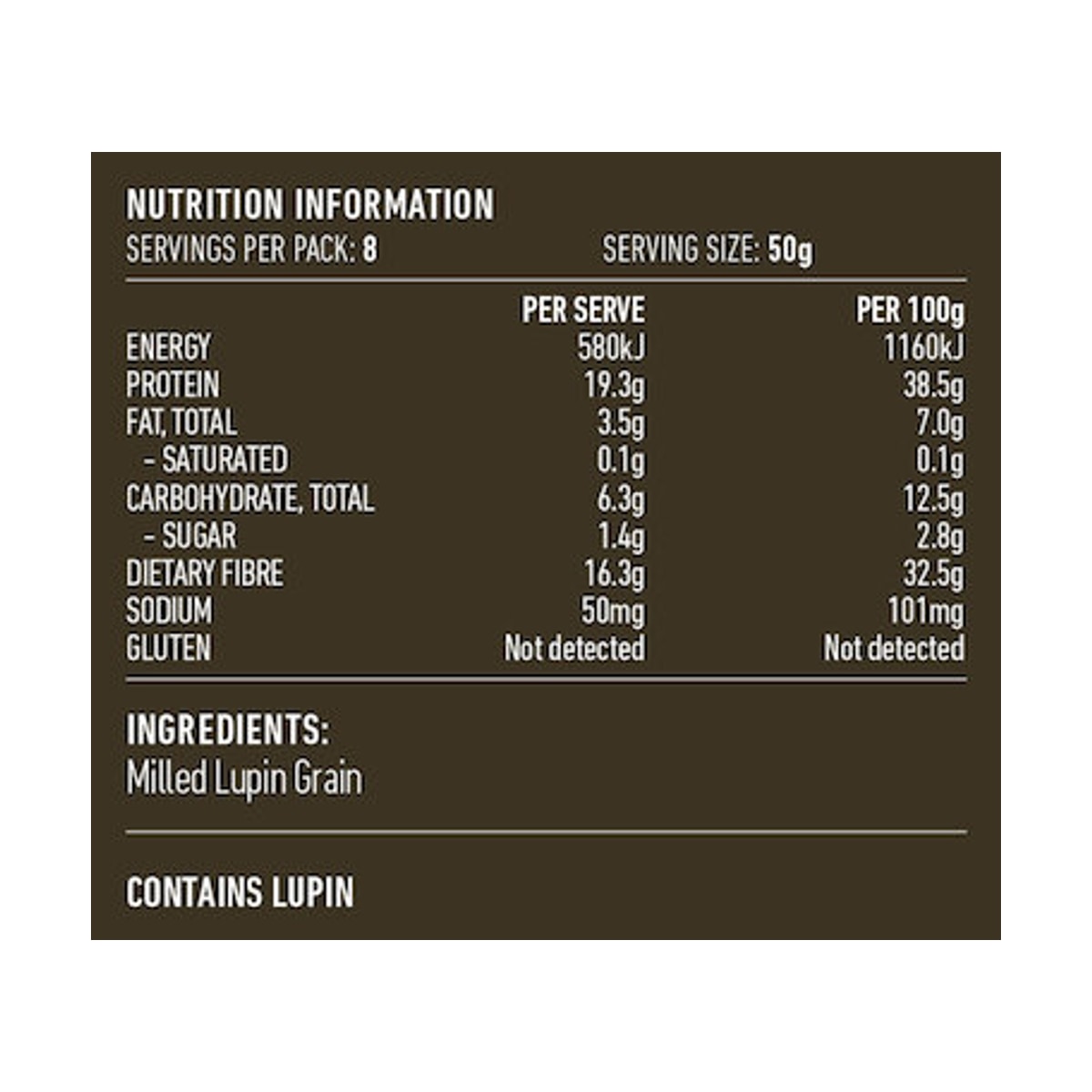 Lotus Lupin Flour 400g rear label and nutrition information panel
