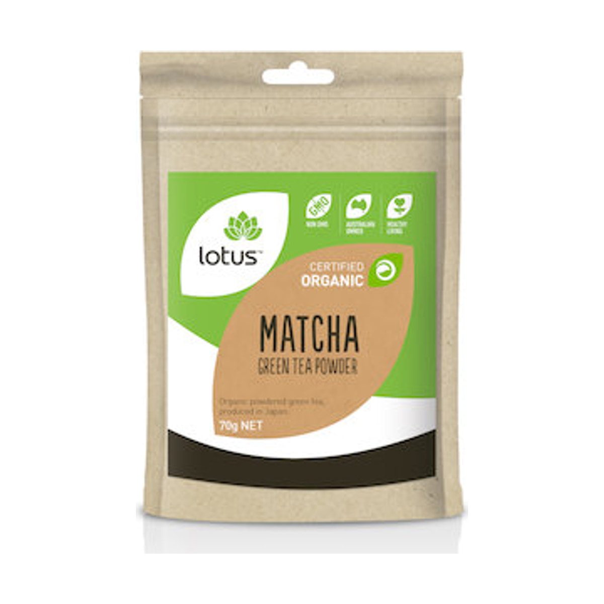 Lotus Matcha Powder Premium Organic 70g front pack on white background