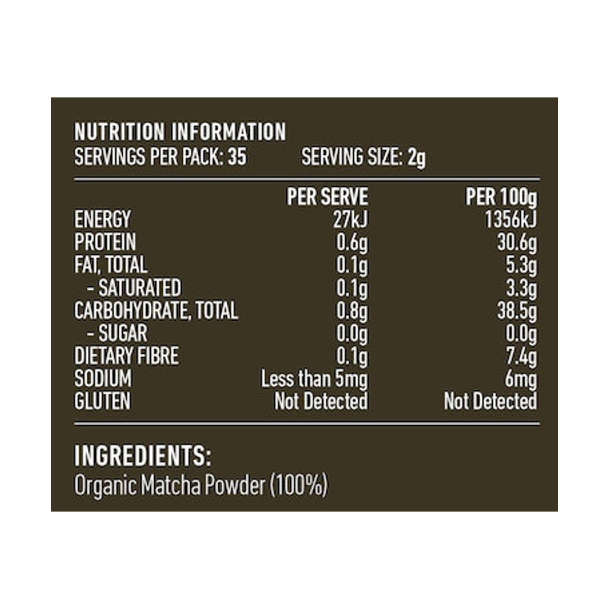 Lotus Matcha Powder Premium Organic 70g rear label and nutrition information panel