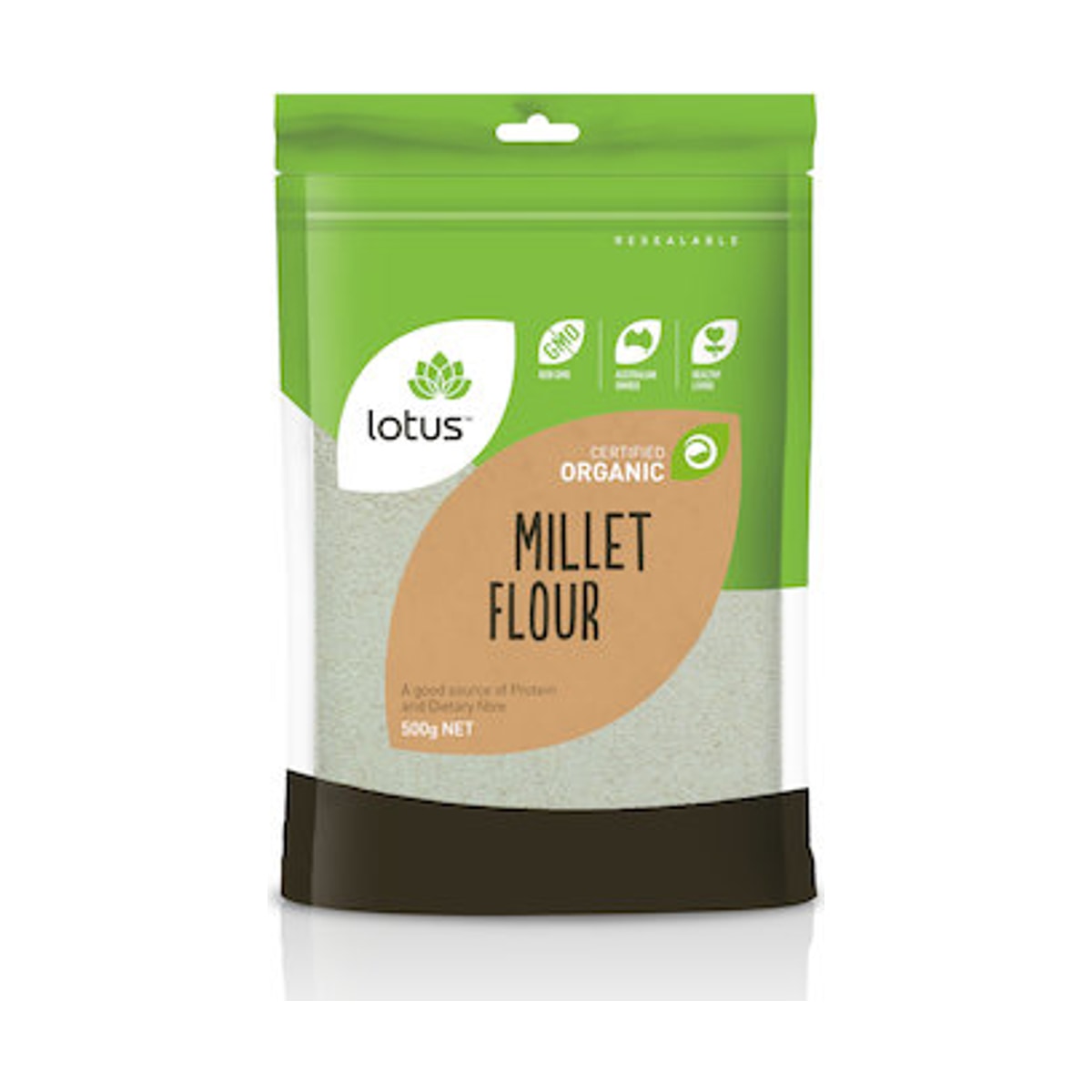 Lotus Millet Flour Organic 500g front pack on white background