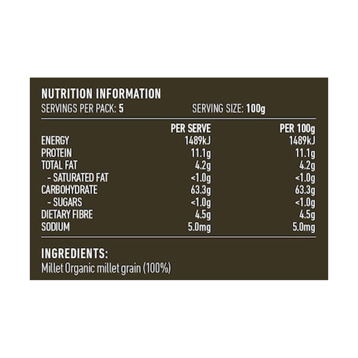 Lotus Millet Flour Organic 500g rear label and nutrition information panel