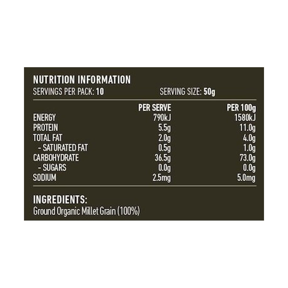 Lotus Millet Meal Organic 500g rear label and nutrition information panel
