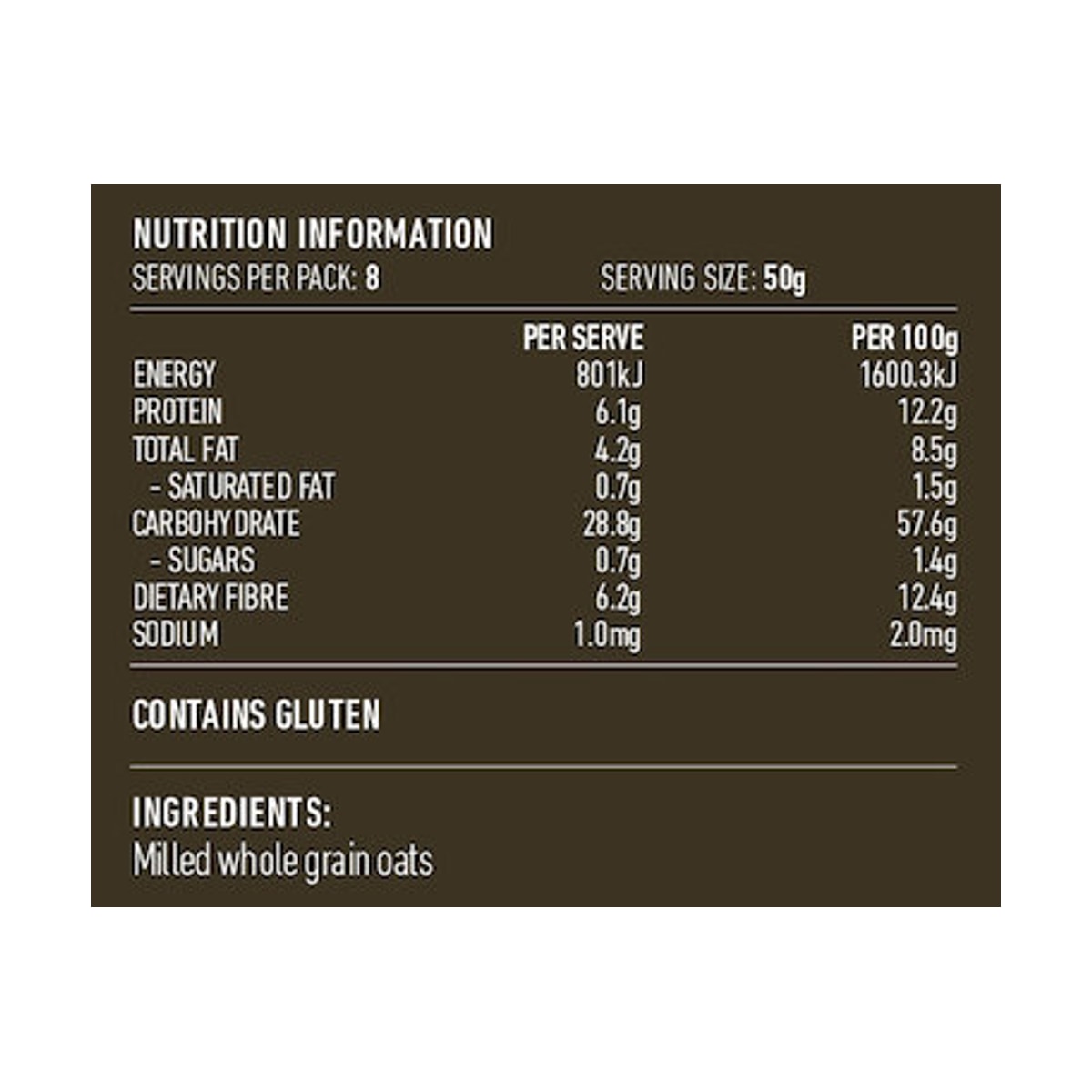 Lotus Oatmeal Fine 400g rear label and nutrition information panel