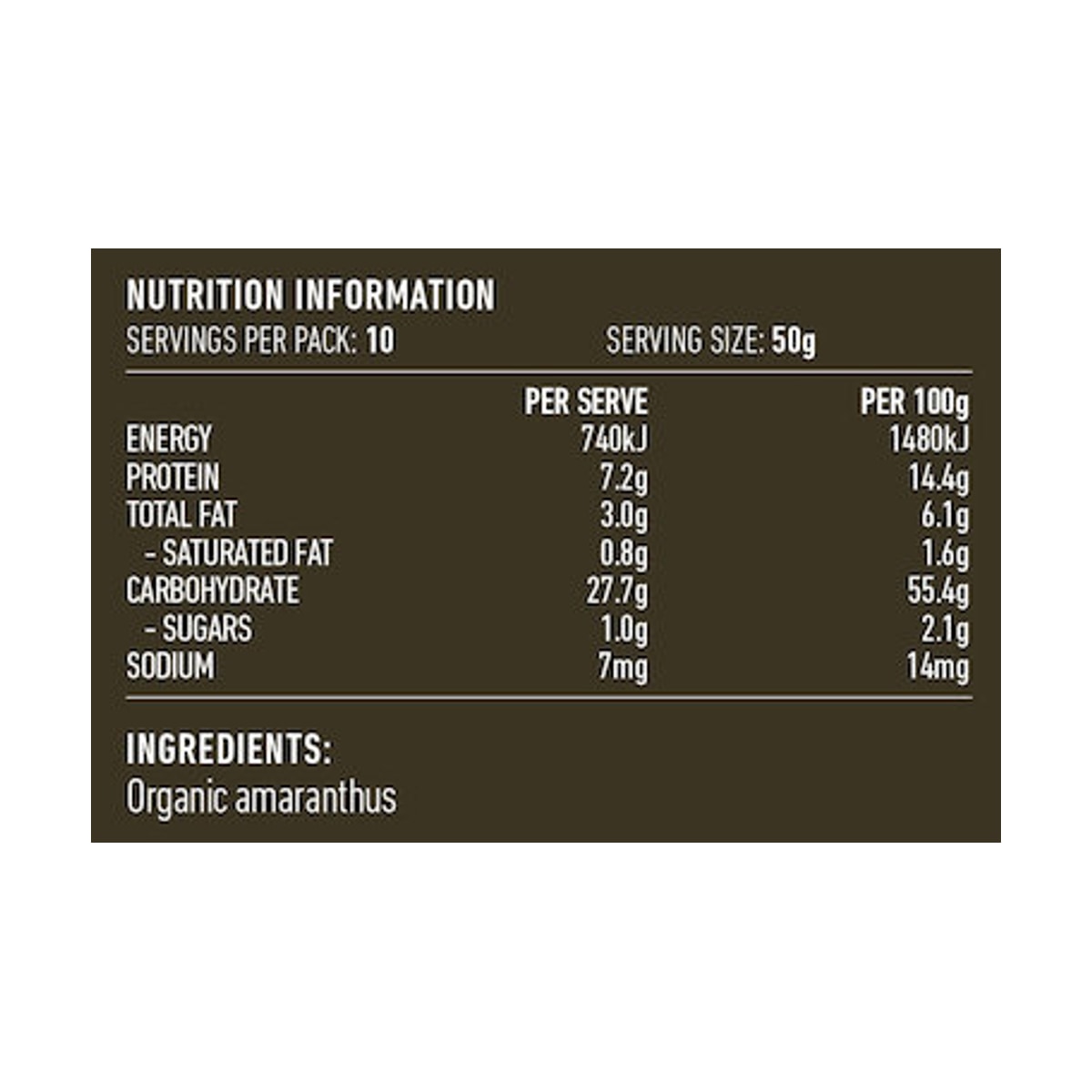 Lotus Organic Amaranth Flour 500g rear label and nutrition information panel