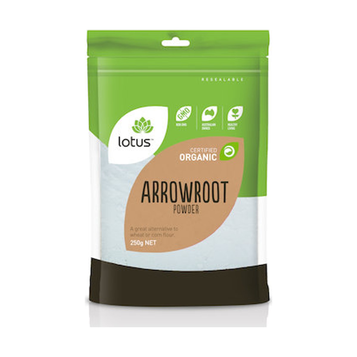 Lotus Organic Arrowroot Powder 250g front pack on white background