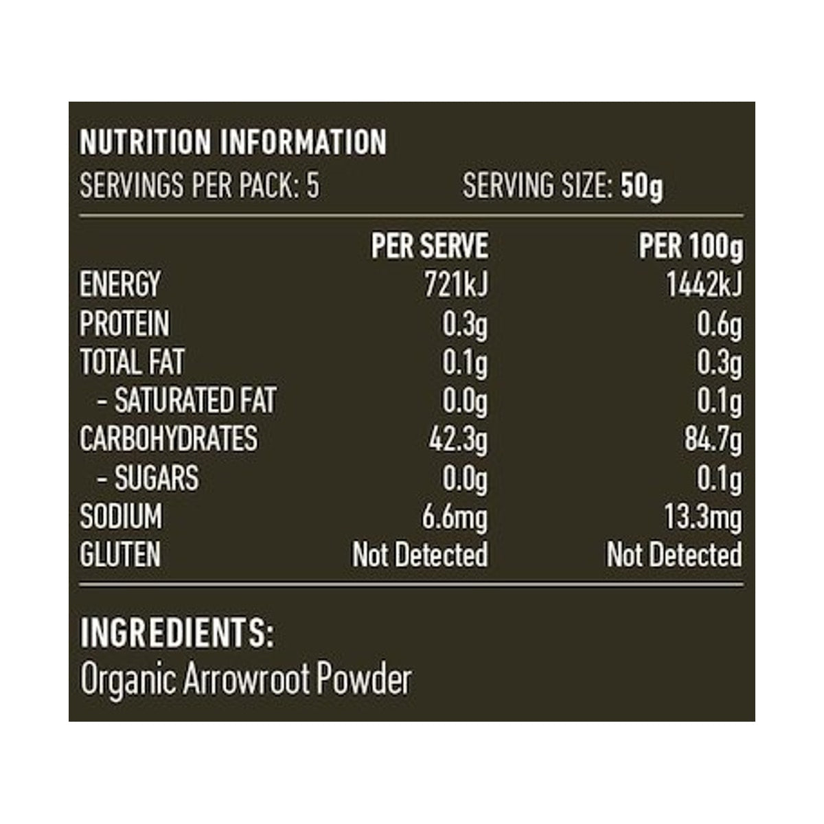 Lotus Organic Arrowroot Powder 250g rear label and nutrition information panel