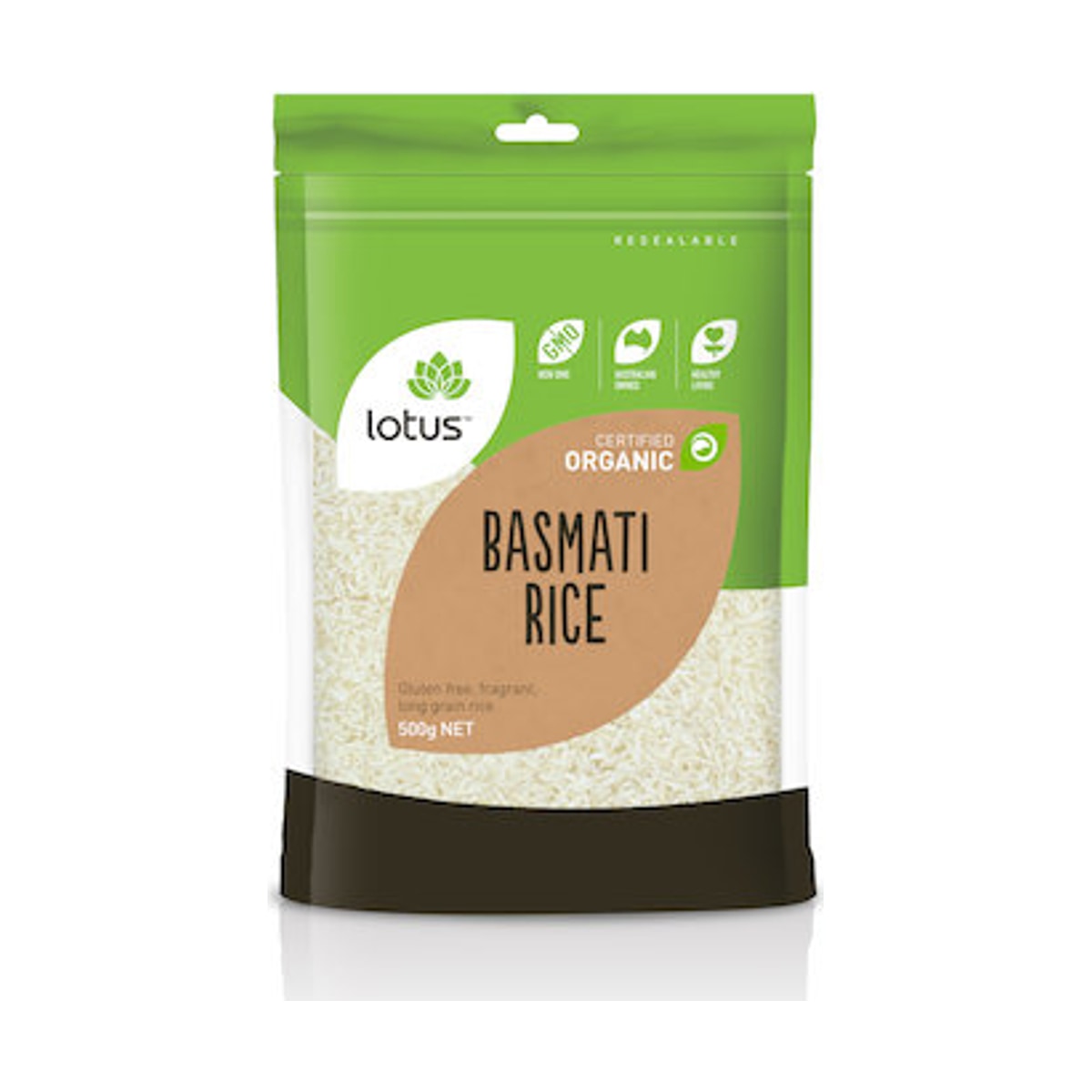 Lotus Organic Basmati Rice 500g front pack on white background
