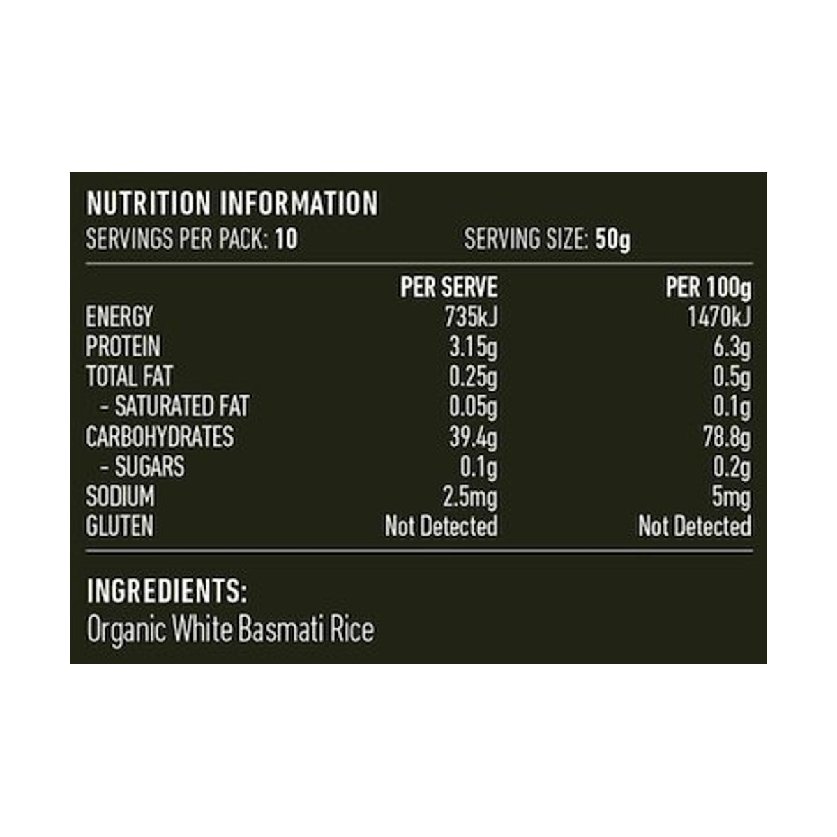 Lotus Organic Basmati Rice 500g rear label and nutrition information panel