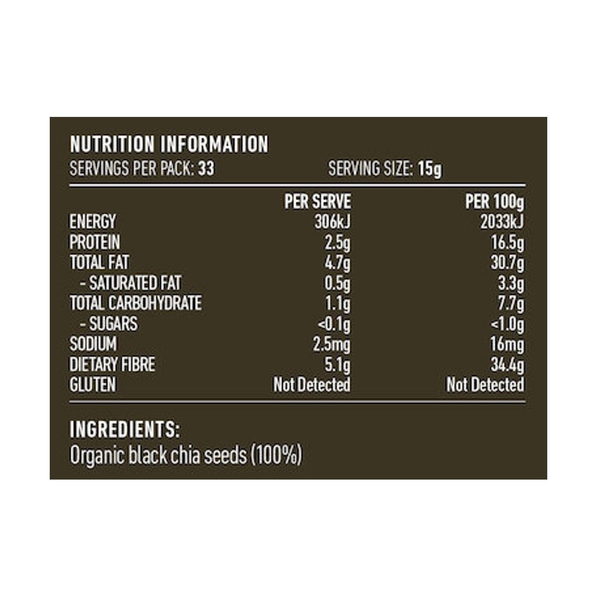 Lotus Organic Black Chia Seeds 500g rear label and nutrition information panel