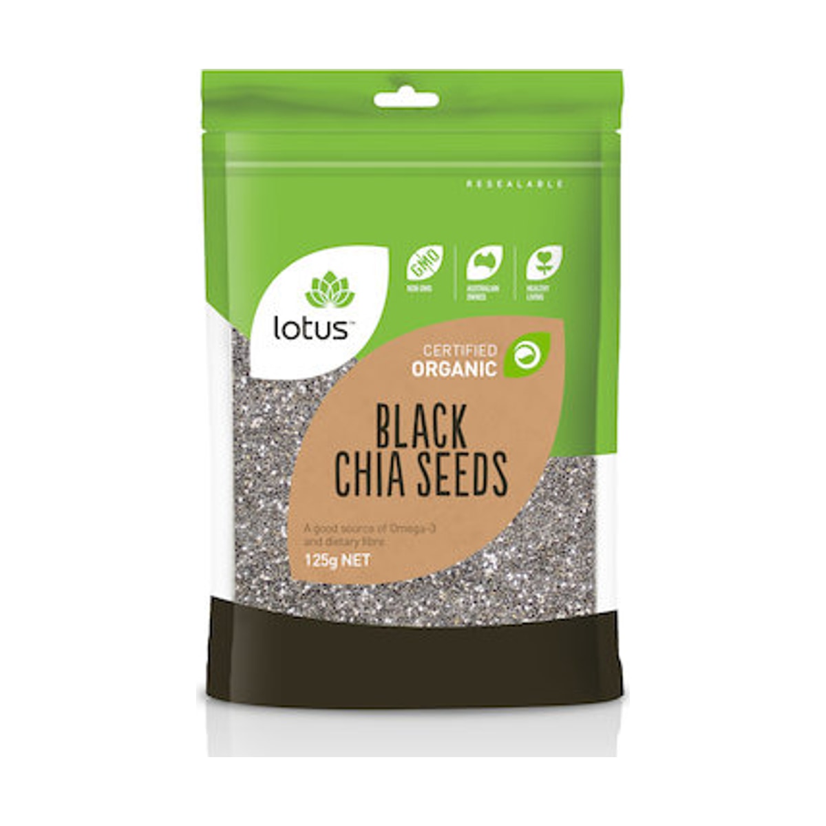 Lotus Organic Black Chia Seeds 125g front pack on white background