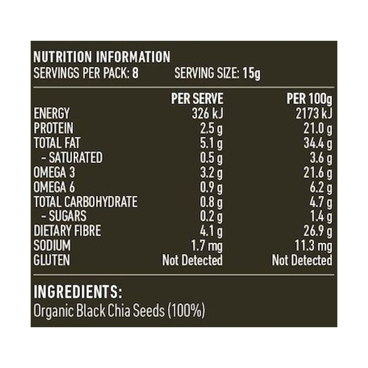 Lotus Organic Black Chia Seeds 125g rear label and nutrition information panel