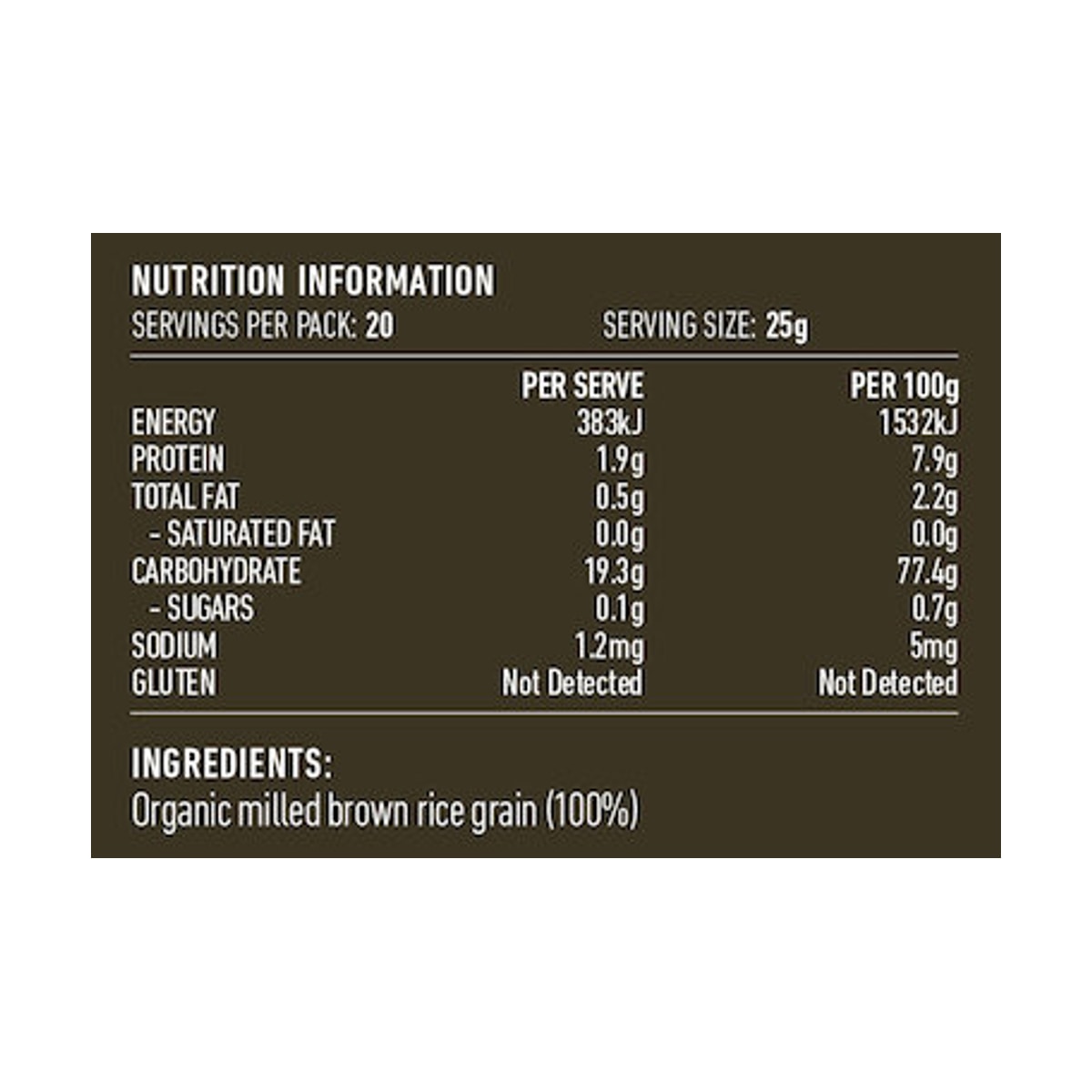 Lotus Organic Brown Rice Flour 500g rear label and nutrition information panel
