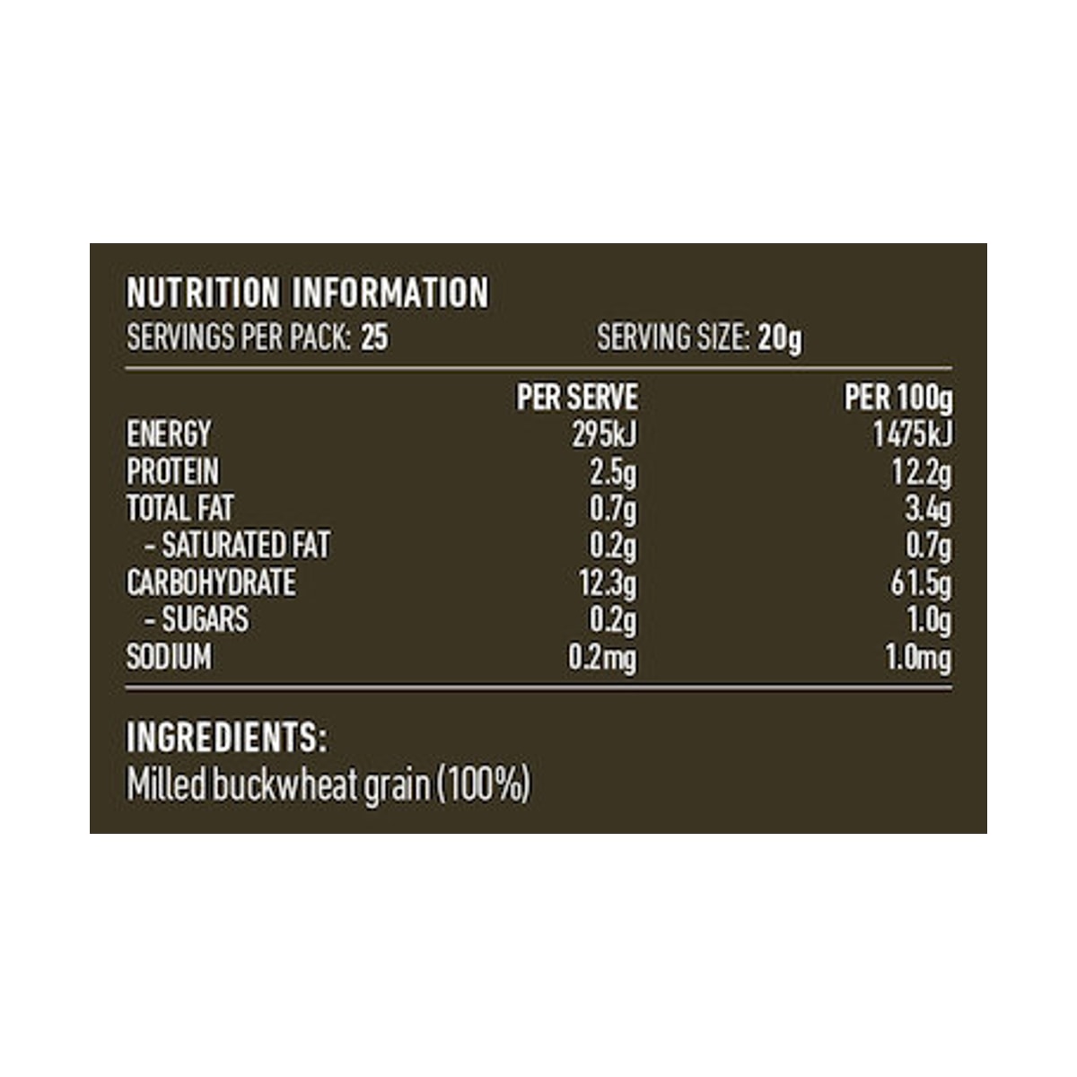 Lotus Organic Buckwheat Flour 500g rear label and nutrition information panel