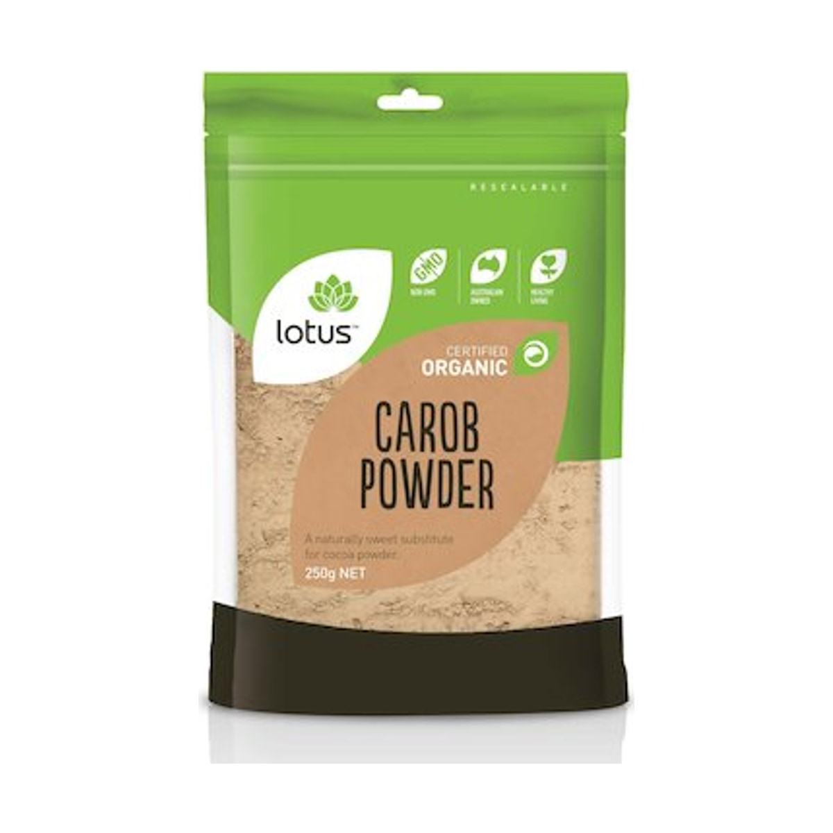 Lotus Organic Carob Powder 250g front pack on white background