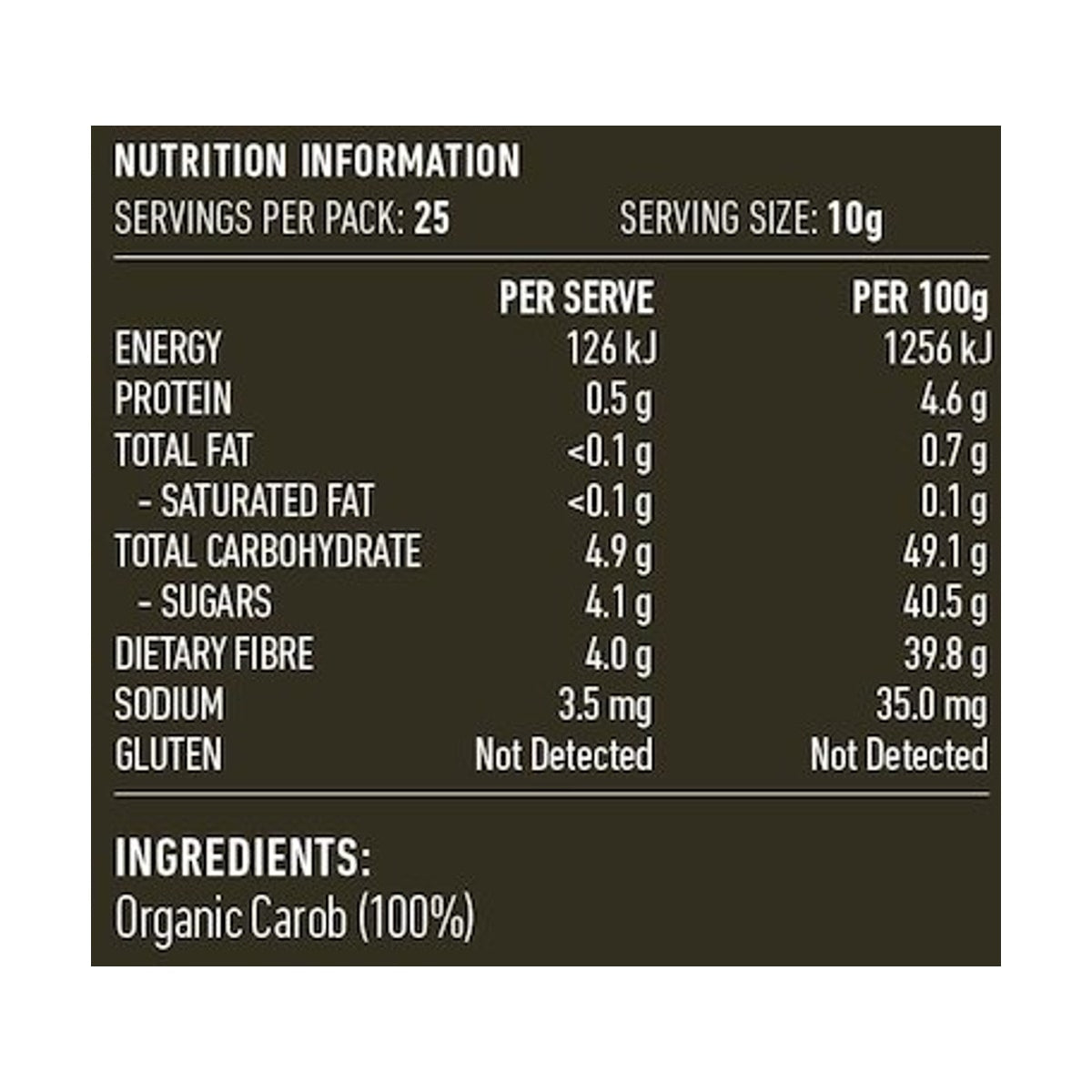 Lotus Organic Carob Powder 250g rear label and nutrition information panel