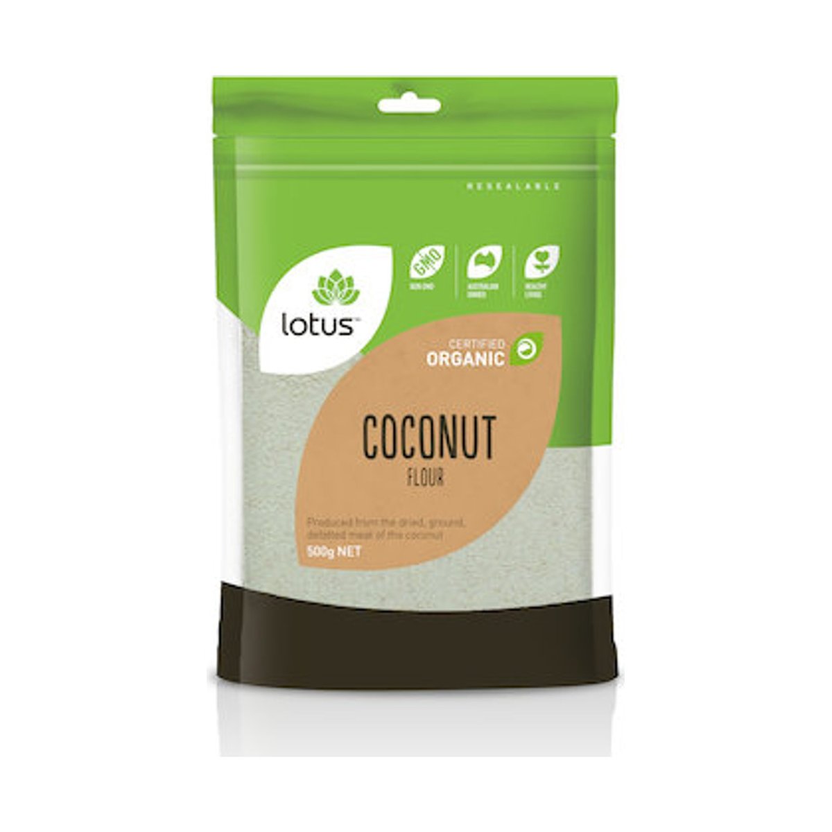 Lotus Organic Coconut Flour 500g front pack on white background