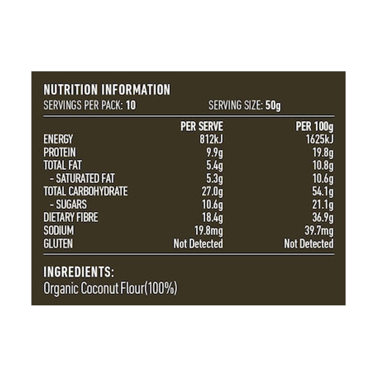 Lotus Organic Coconut Flour 500g rear label and nutrition information panel