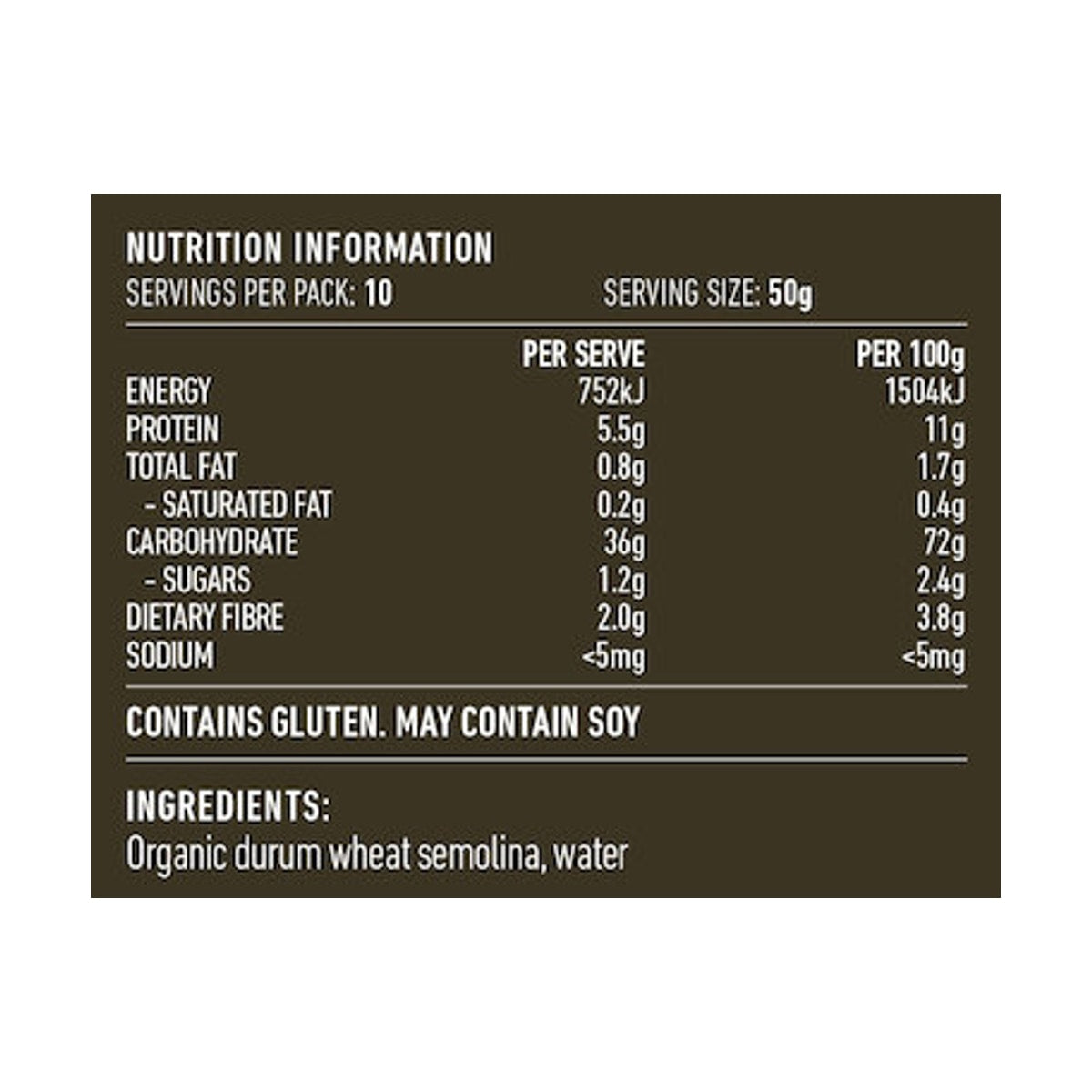 Lotus Organic Durum Wheat Couscous 500g rear label and nutrition information panel