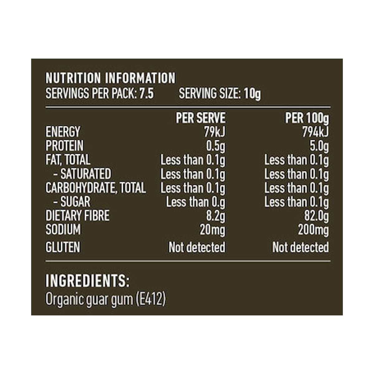 Lotus Organic Guar Gum 75g rear label and nutrition information panel