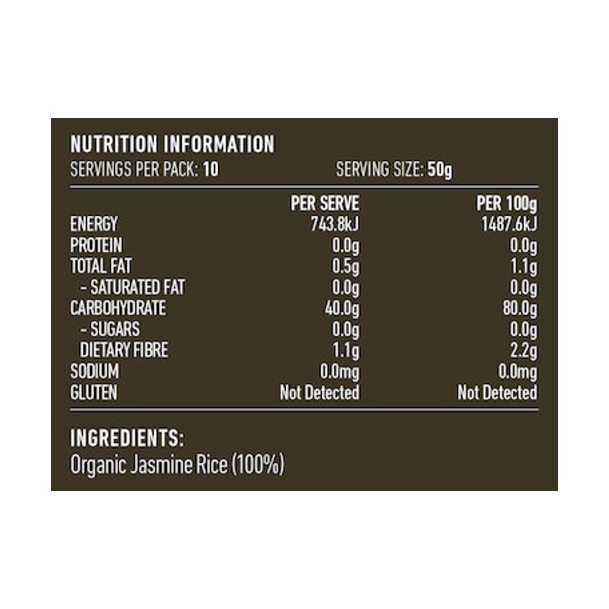 Lotus Organic Jasmine Rice 500g rear label and nutrition information panel
