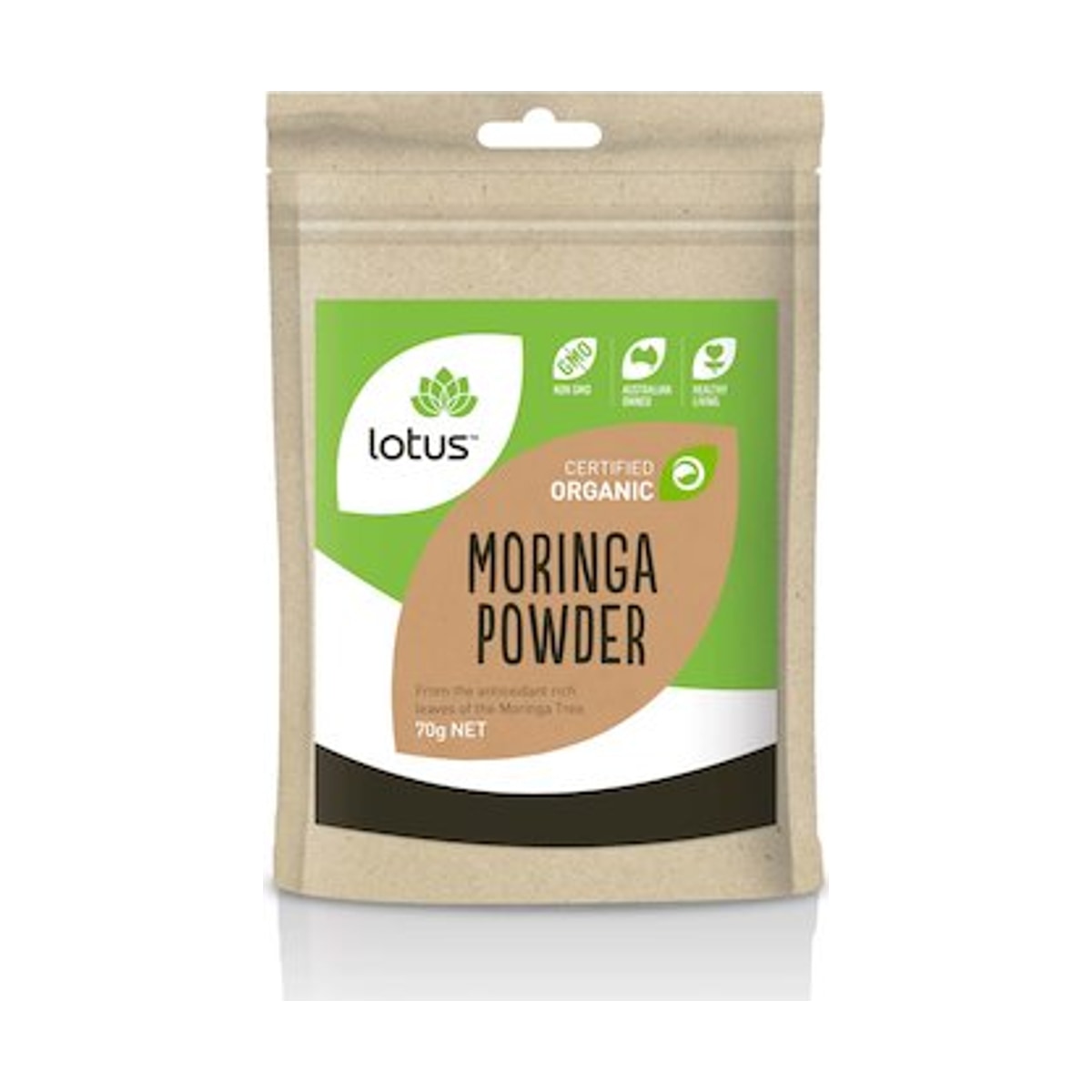 Lotus Organic Moringa Powder 70g front pack on white background