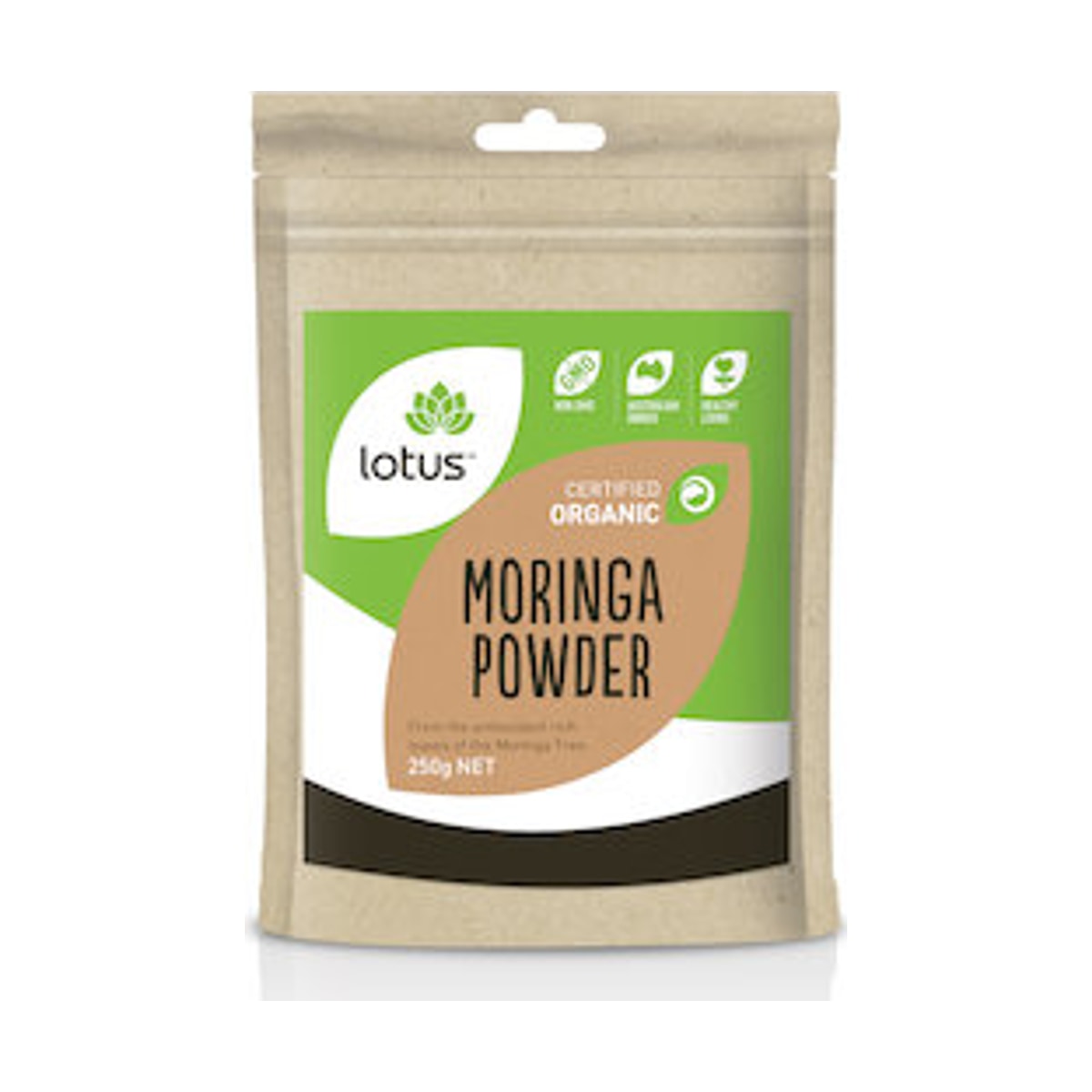 Lotus Organic Moringa Powder 250g front pack on white background