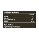 Lotus Organic Moringa Powder 250g rear label and nutrition information panel