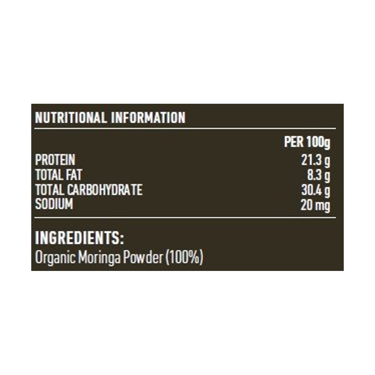 Lotus Organic Moringa Powder 250g rear label and nutrition information panel