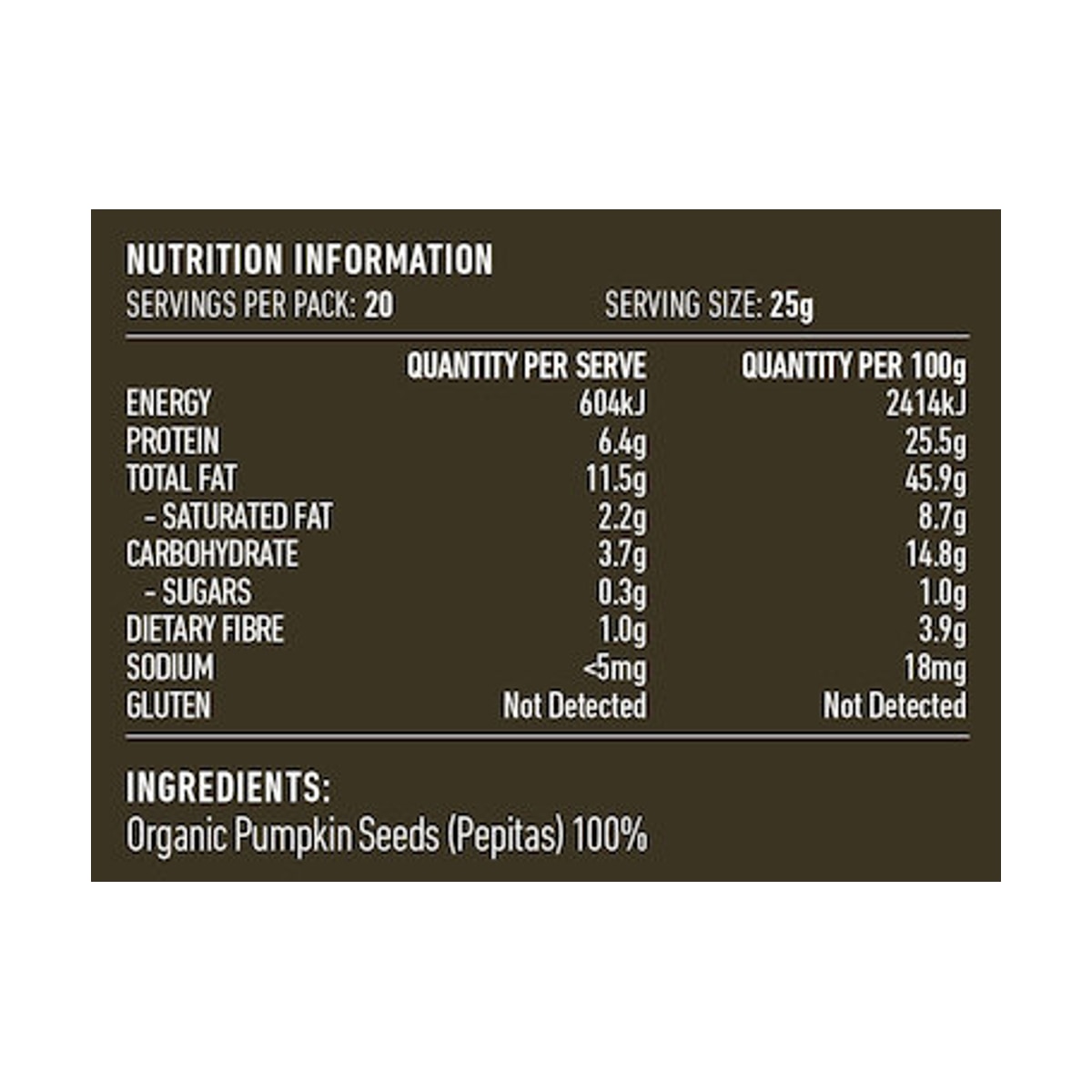 Lotus Organic Pumpkin Seeds Pepitas 500g rear label and nutrition information panel
