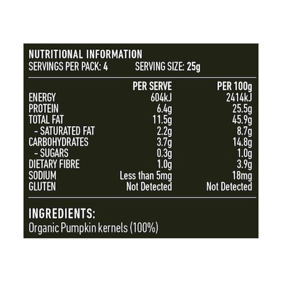 Lotus Organic Pumpkin Seeds Pepitas 100g rear label and nutrition information panel