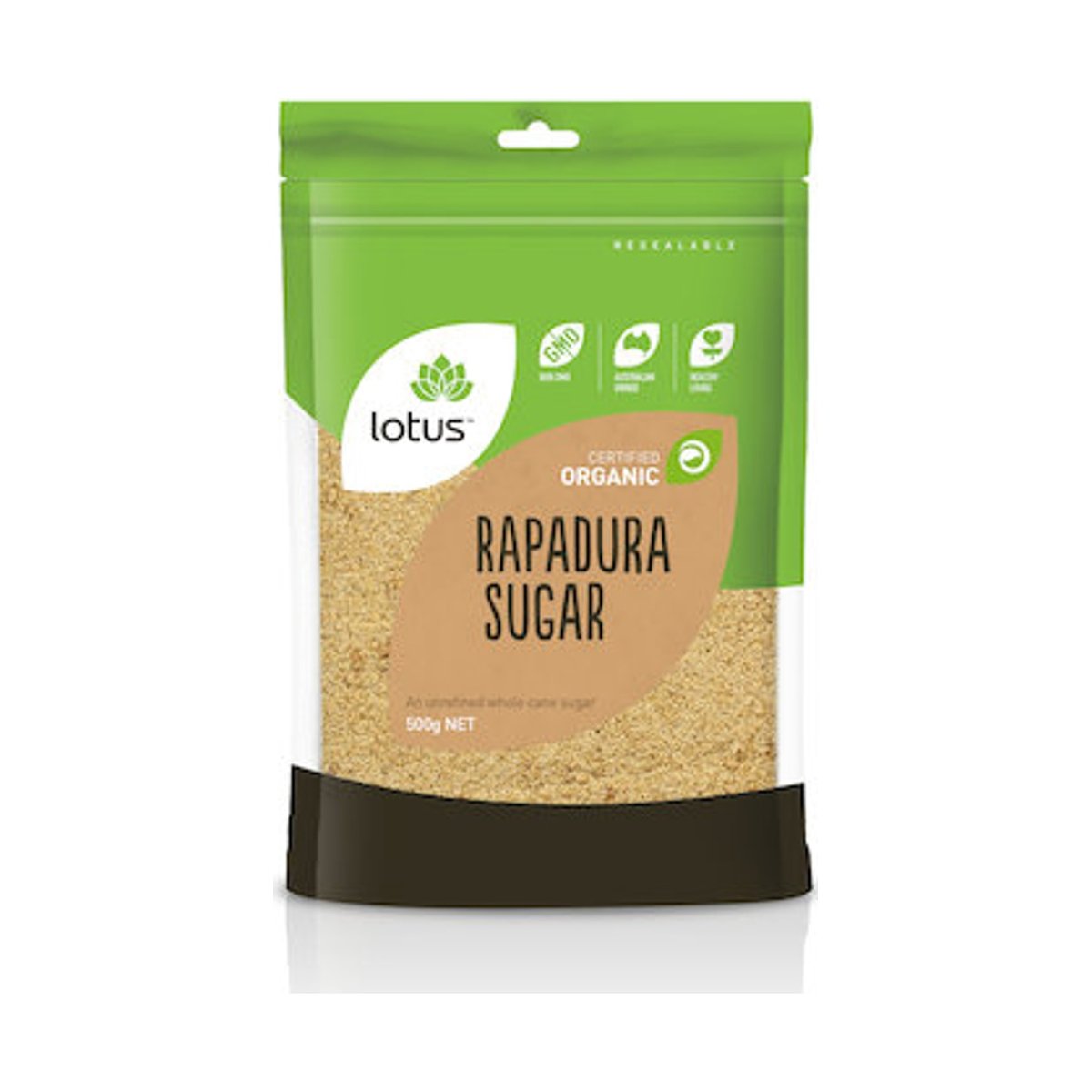 Lotus Organic Rapadura Sugar 500g front pack on white background