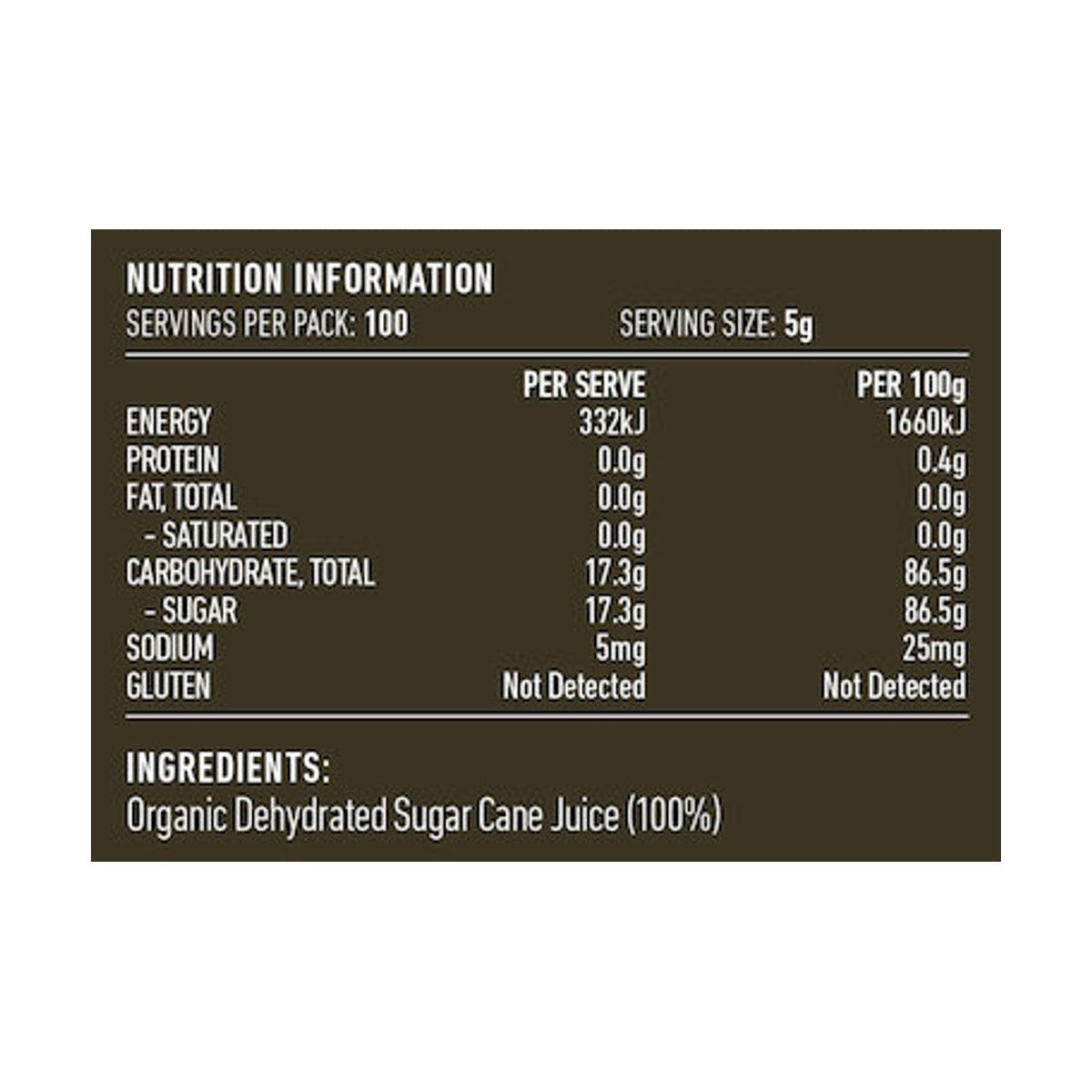 Lotus Organic Rapadura Sugar 500g rear label and nutrition information panel