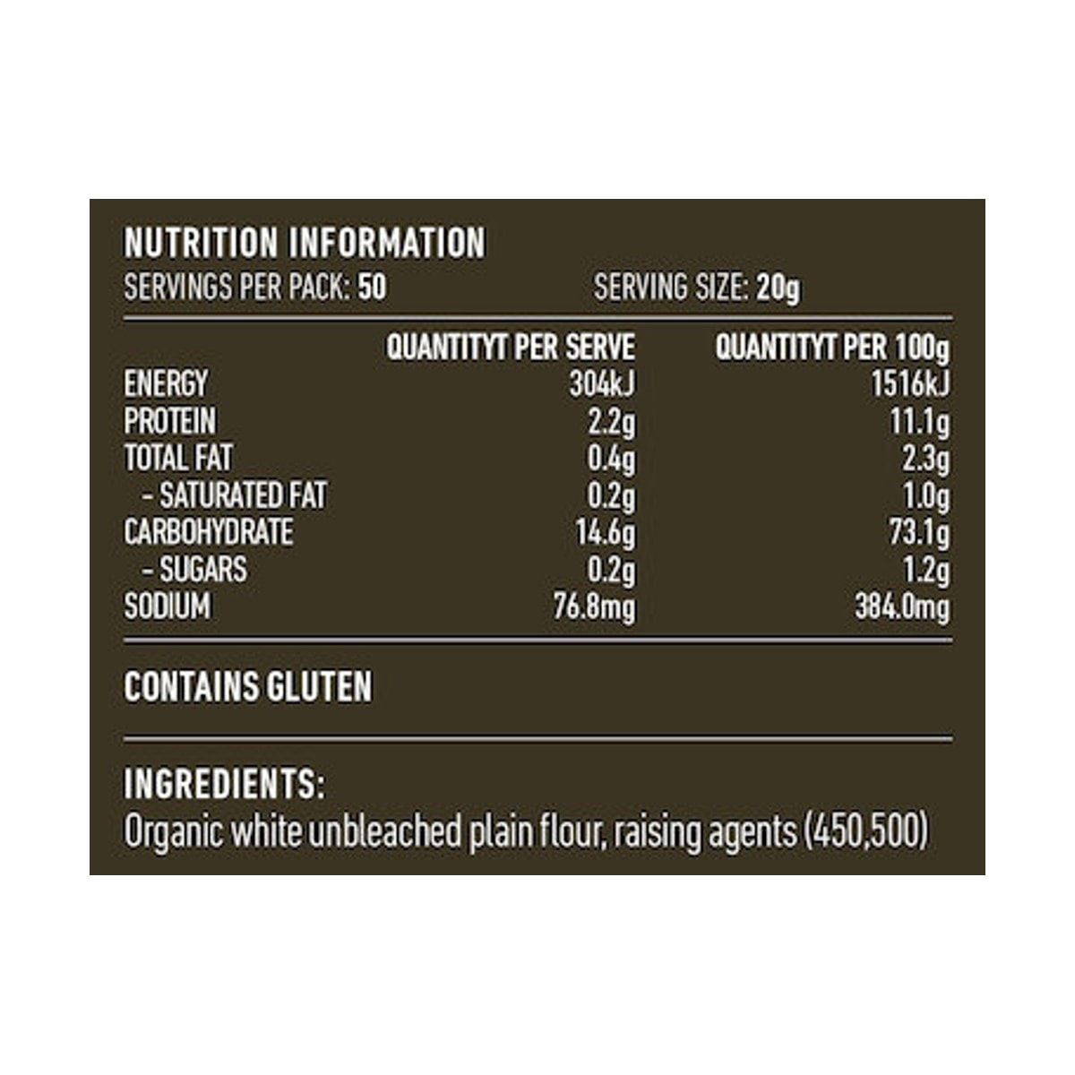 Lotus Organic Self-Raising Wheat Flour 1kg rear label and nutrition information panel