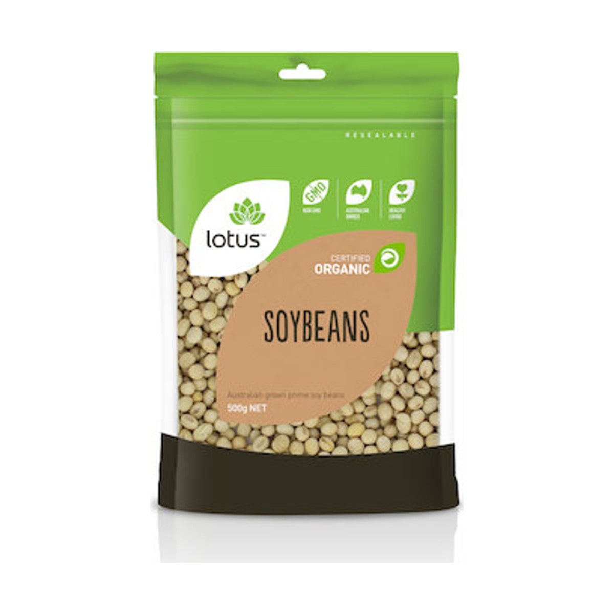 Lotus Organic Soy Beans 500g front pack on white background