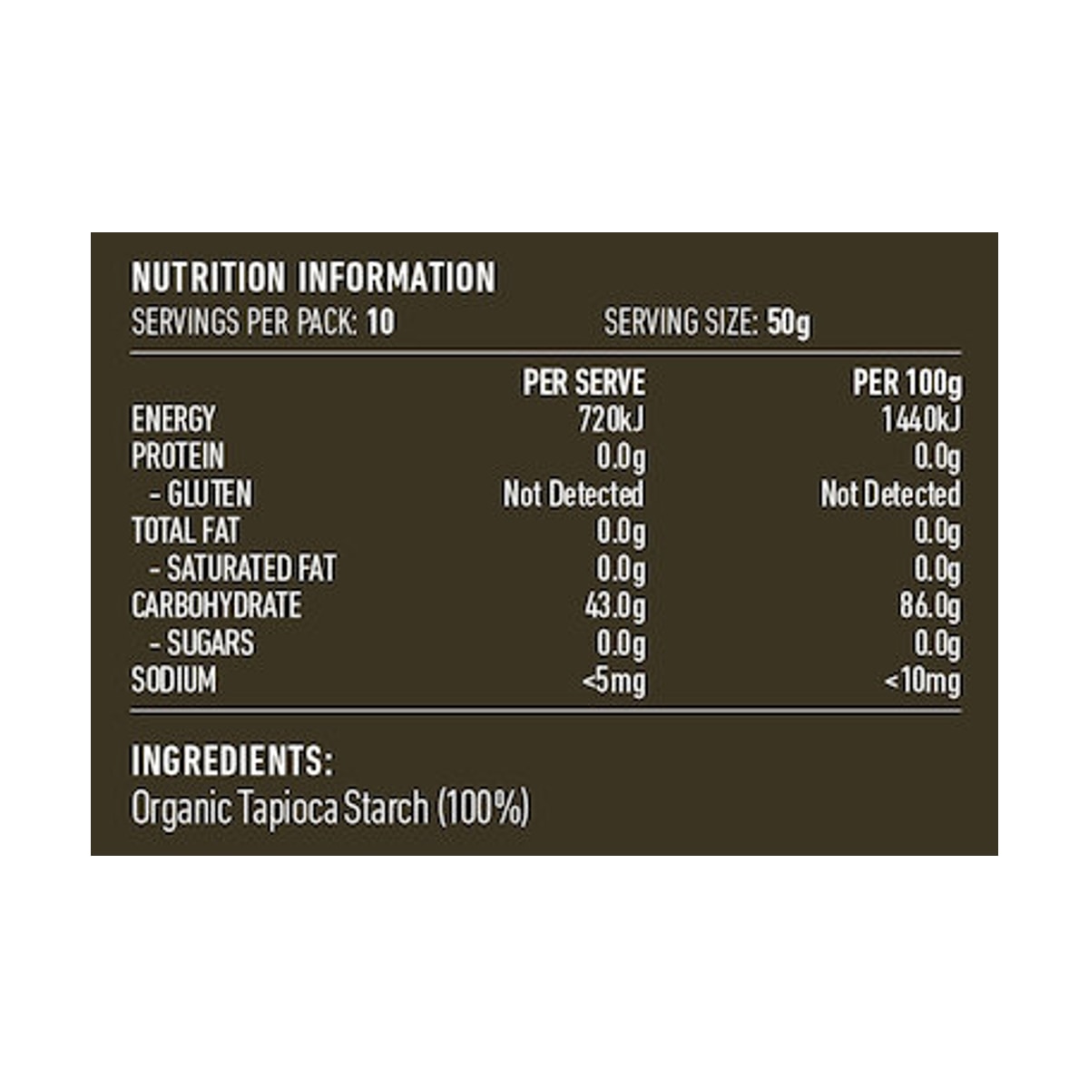 Lotus Organic Tapioca Flour 500g rear label and nutrition information panel