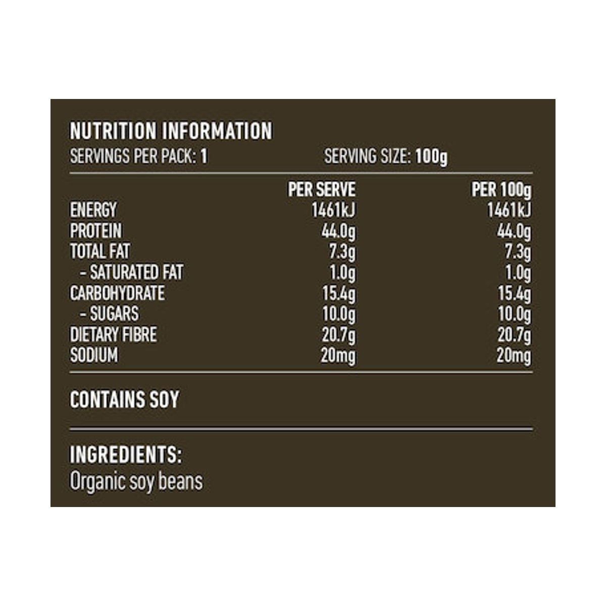 Lotus Organic Textured Soy Protein Coarse 100g rear label and nutrition information panel