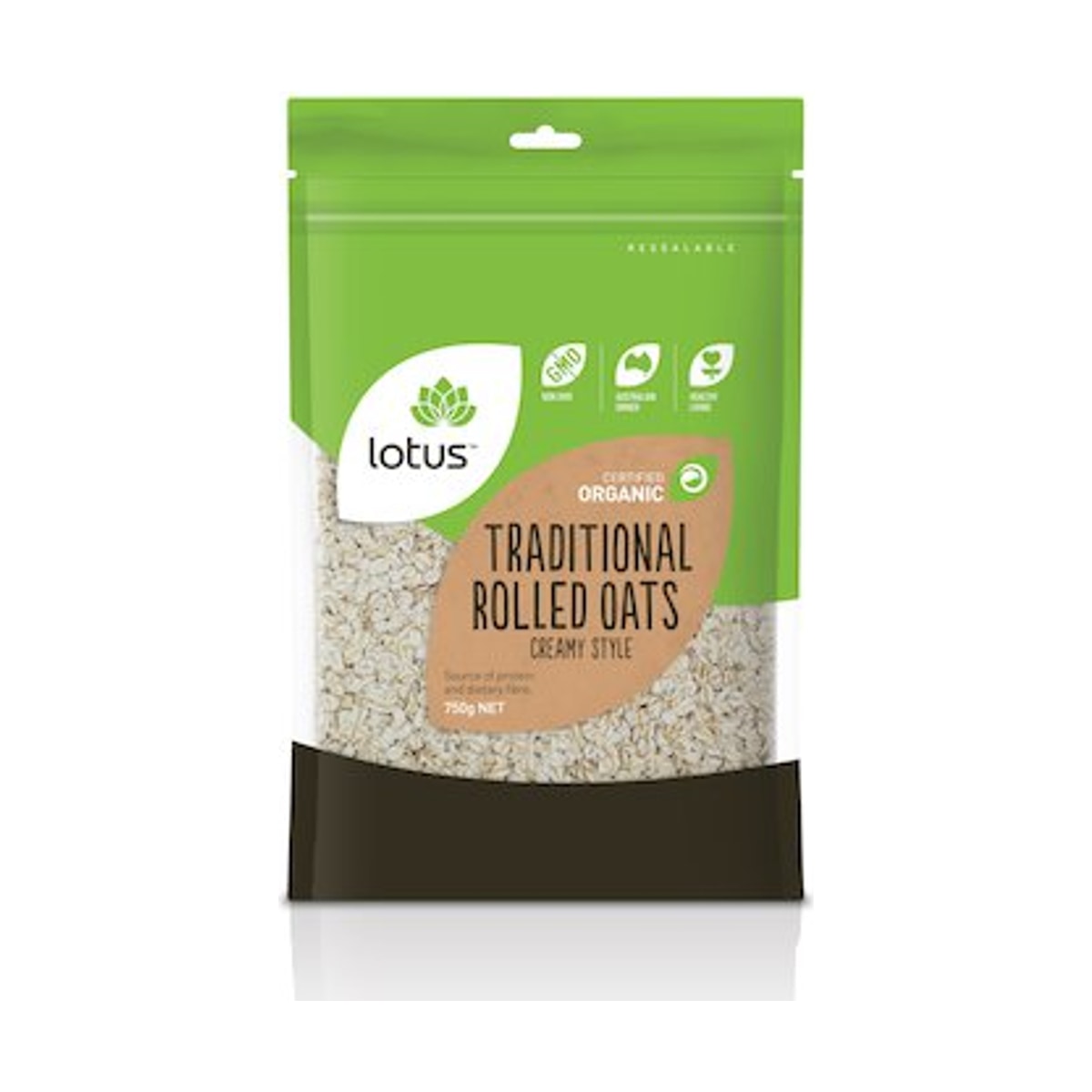 Lotus Organic Traditional Rolled Oats Creamy Style 750g front pack on white background