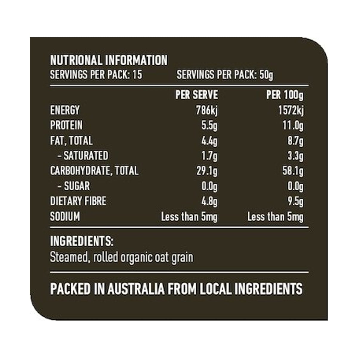 Lotus Organic Traditional Rolled Oats Creamy Style 750g rear label and nutrition information panel