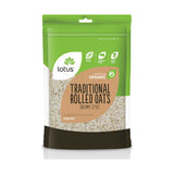 Lotus Organic Traditional Rolled Oats Creamy Style 500g front pack on white background