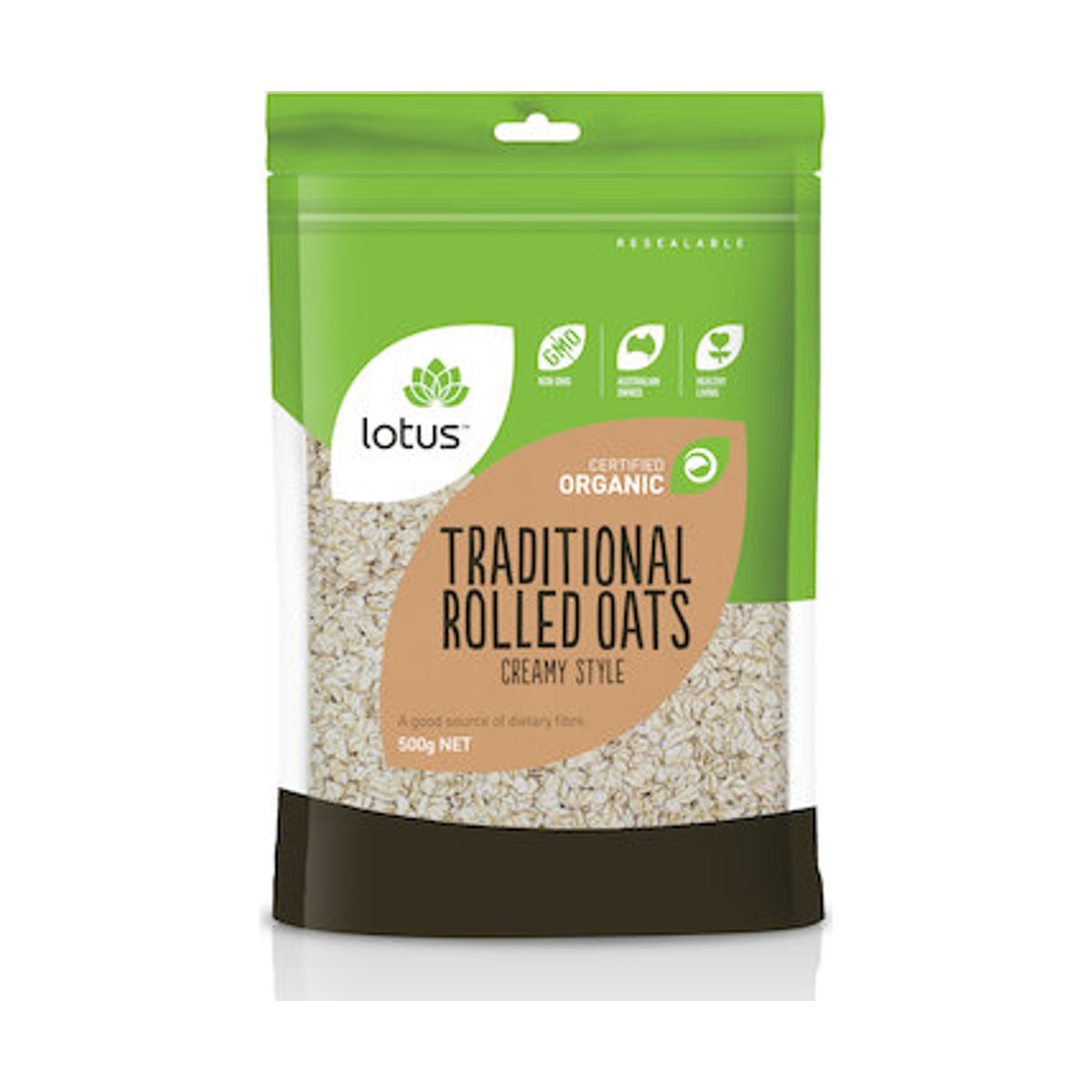 Lotus Organic Traditional Rolled Oats Creamy Style 500g front pack on white background