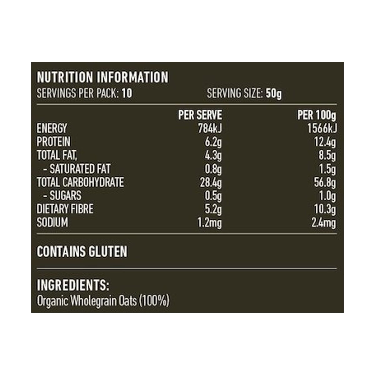 Lotus Organic Traditional Rolled Oats Creamy Style 500g rear label and nutrition information panel
