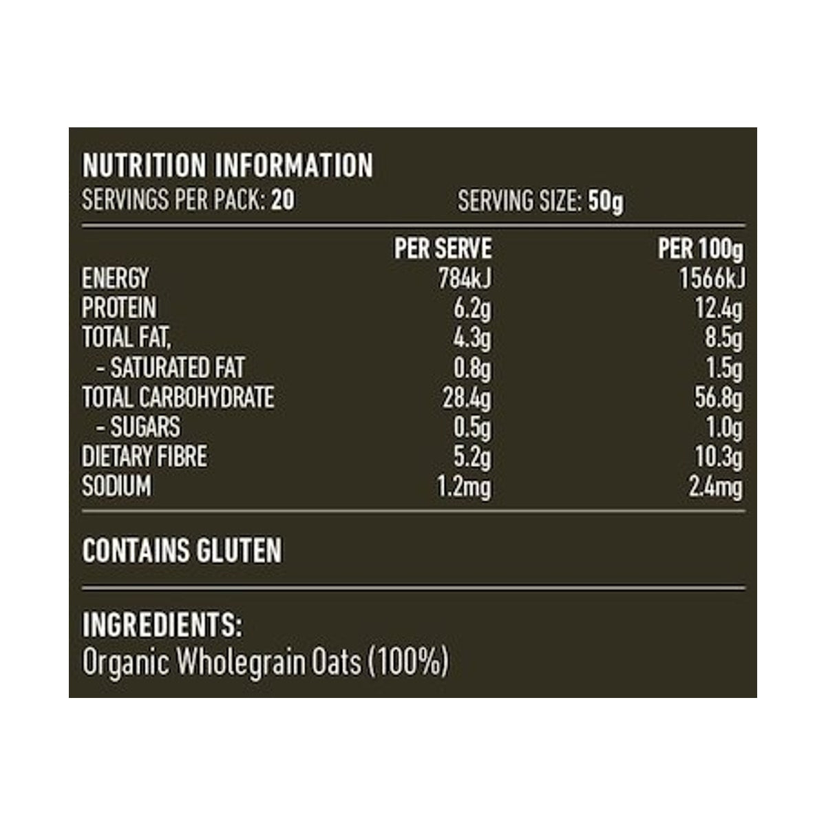 Lotus Organic Traditional Rolled Oats Creamy Style 1kg rear label and nutrition information panel