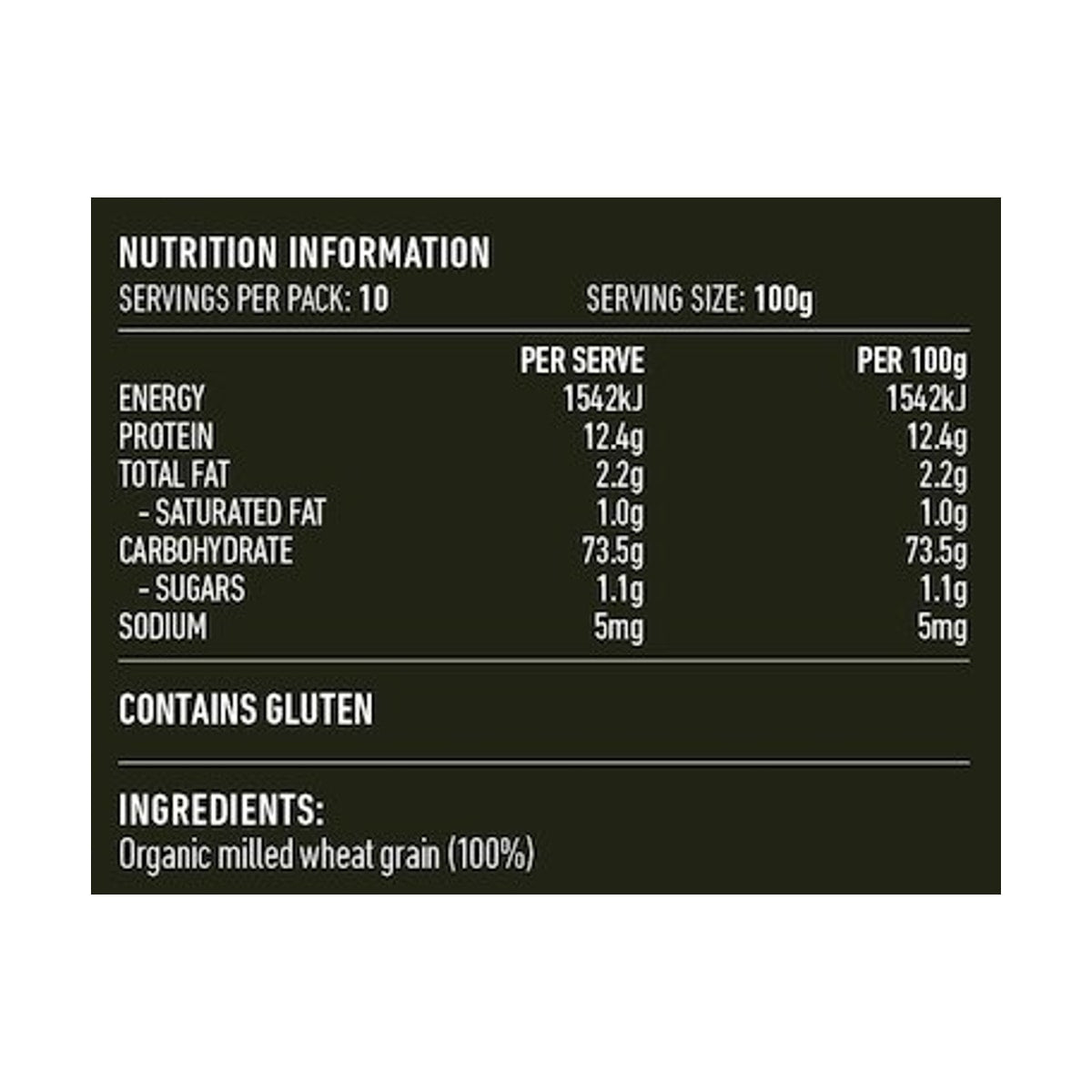 Lotus Organic White Flour Unbleached 1kg rear label and nutrition information panel