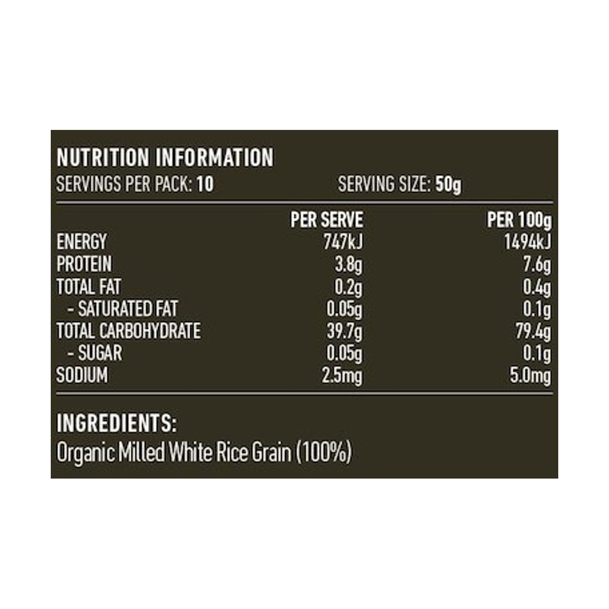 Lotus Organic White Rice Flour 500g rear label and nutrition information panel