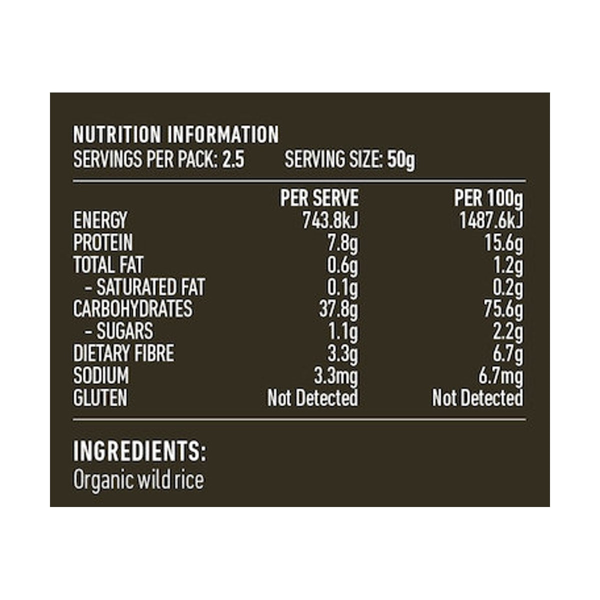 Lotus Organic Wild Rice 125g rear label and nutrition information panel