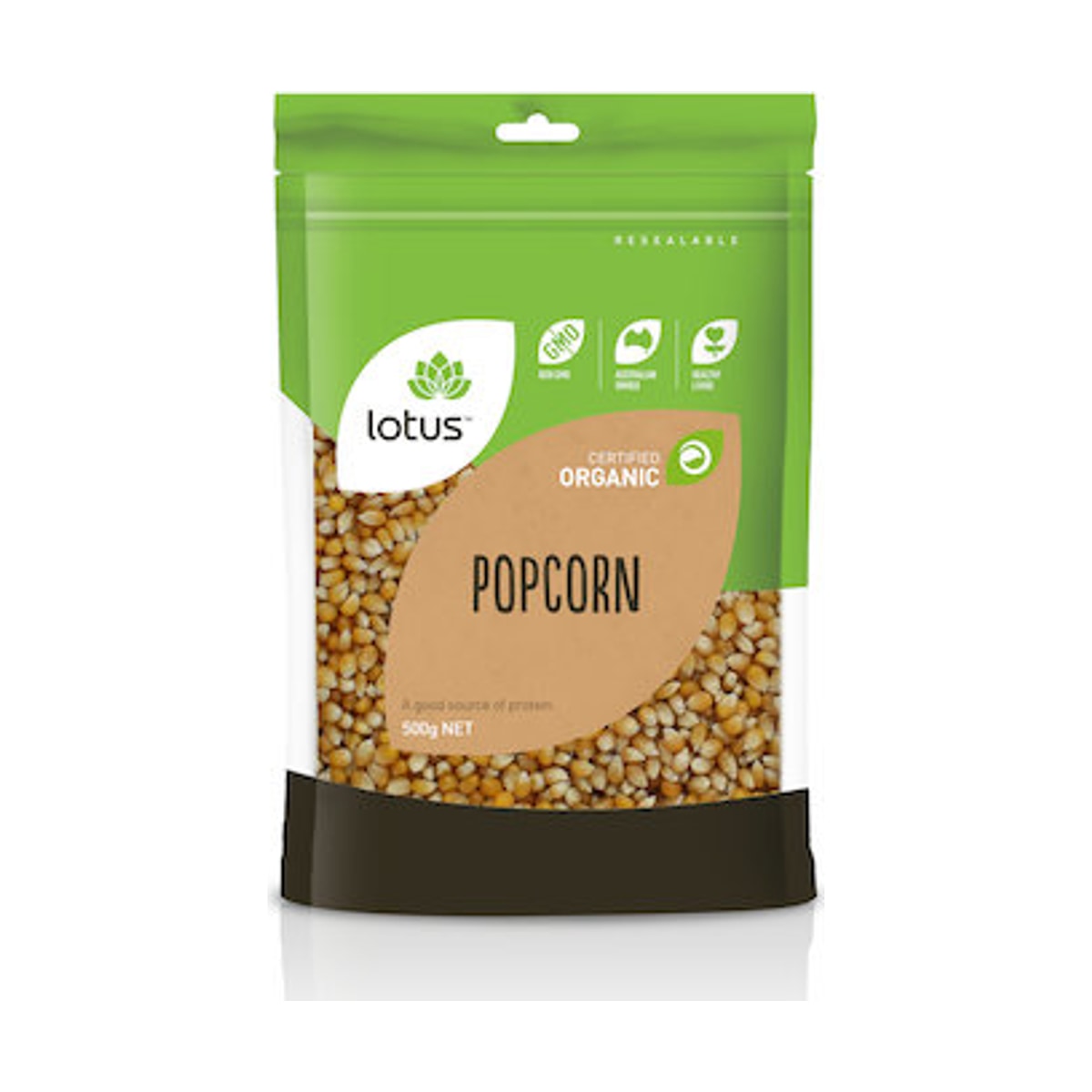 Lotus Popcorn Organic 500g front pack on white background