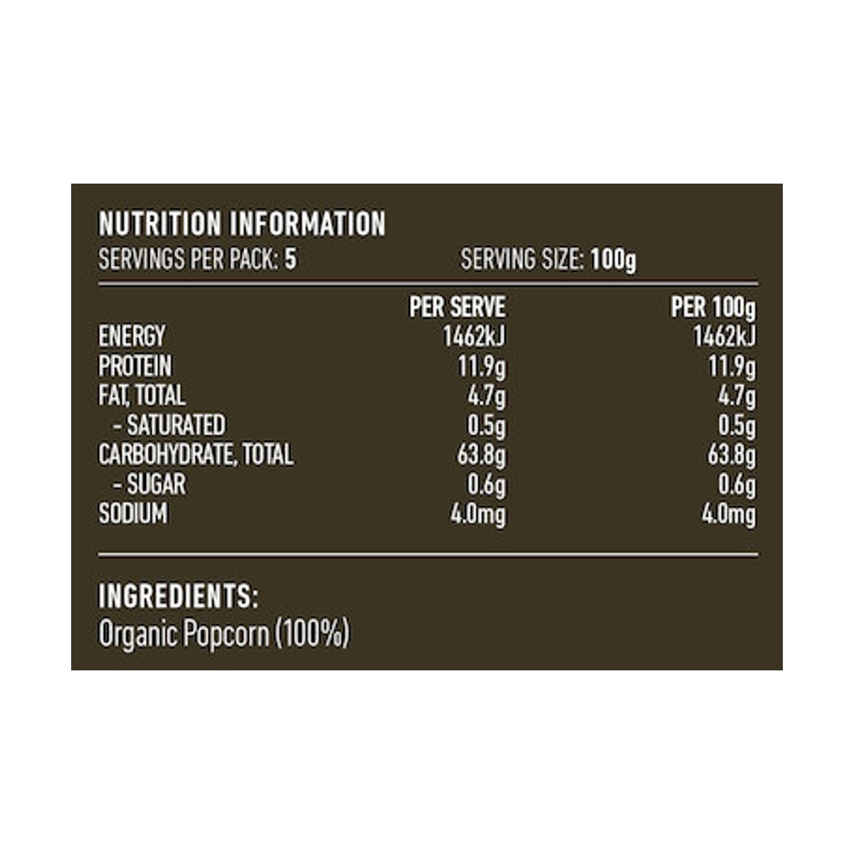 Lotus Popcorn Organic 500g rear label and nutrition information panel
