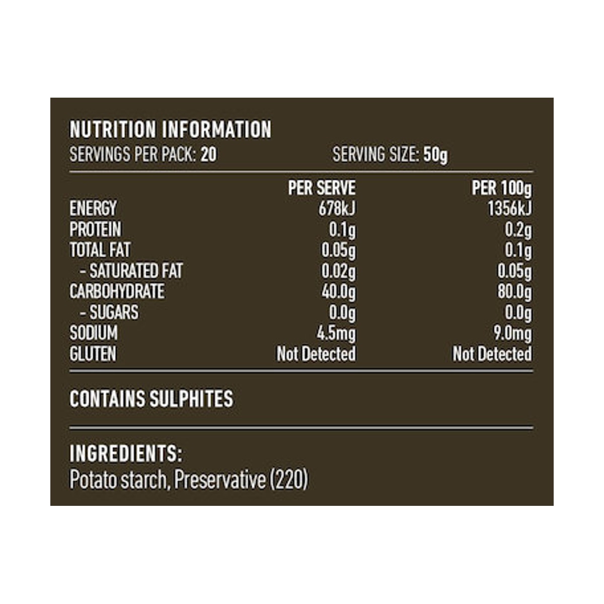Lotus Potato Starch 1kg rear label and nutrition information panel
