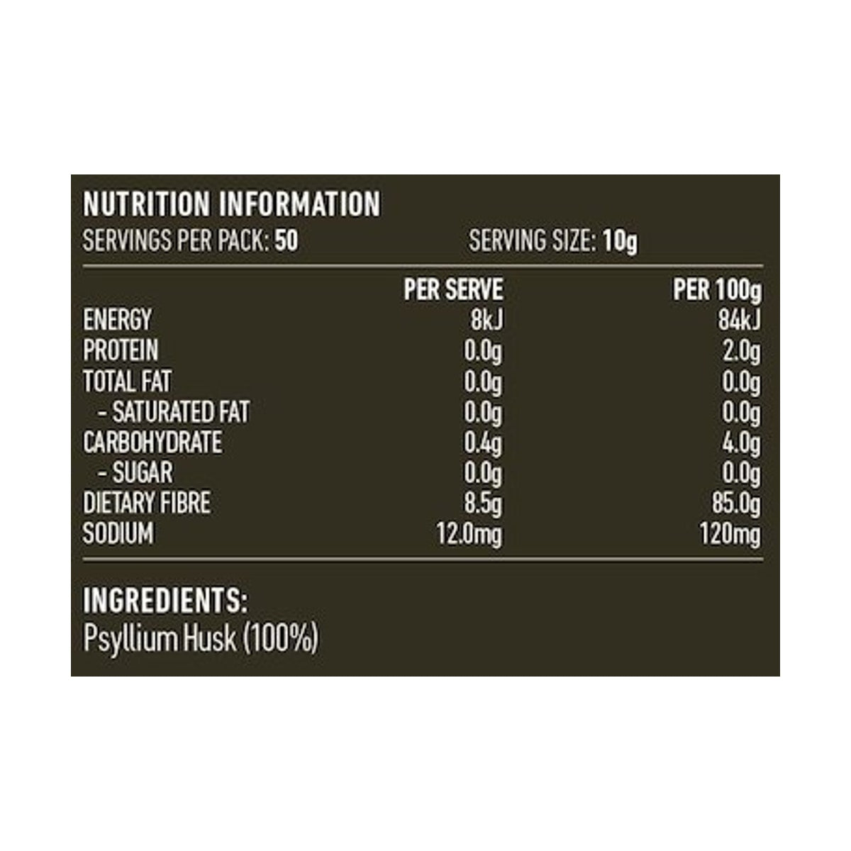 Lotus Psyllium Husks 500g rear label and nutrition information panel