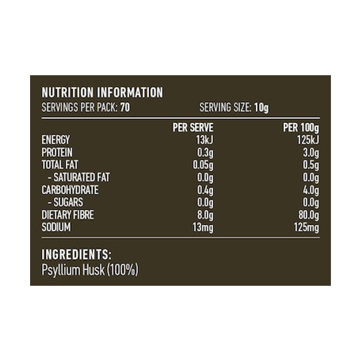 Lotus Psyllium Husks 700g rear label and nutrition information panel
